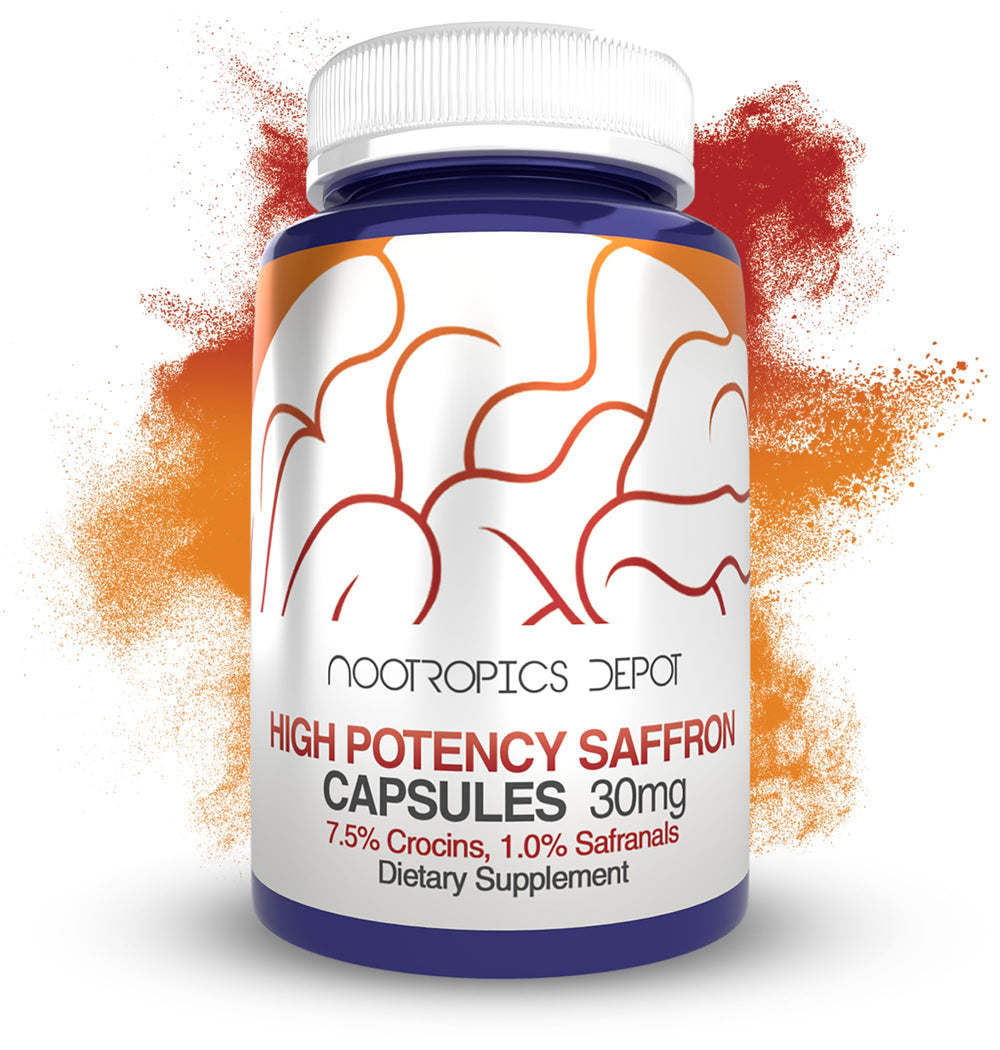 Nootropics Depot saffron extract capsules bottle with label showing 60 capsules