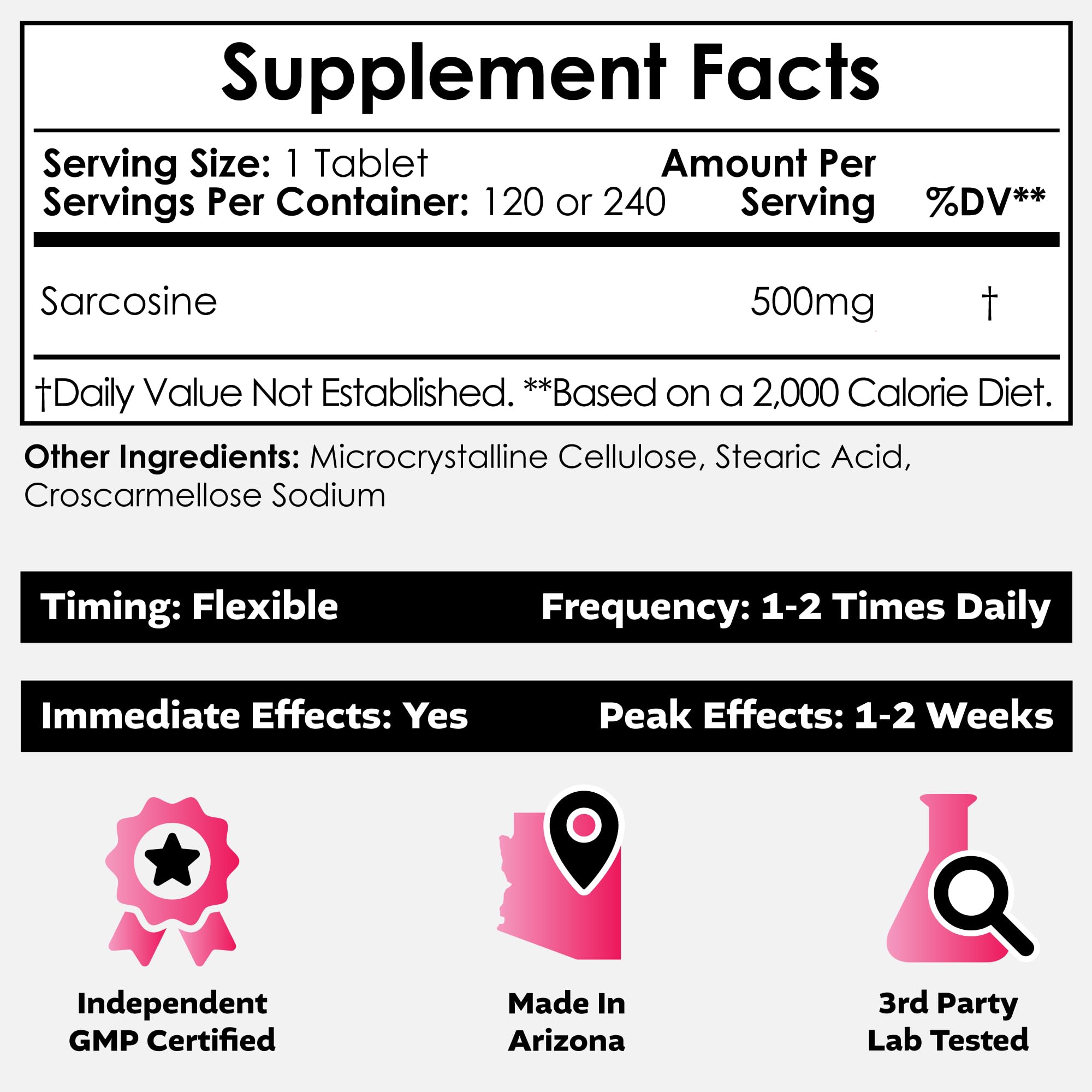 Nootropics Depot Sarcosine chewable tablets 500mg packs support mood and focus.