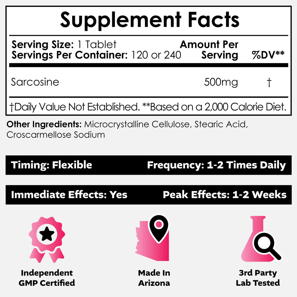 Nootropics Depot Sarcosine chewable tablets 500mg packs support mood and focus.