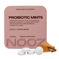 NOOZ Probiotic Mints packaging featuring Spicy Cinnamon flavor