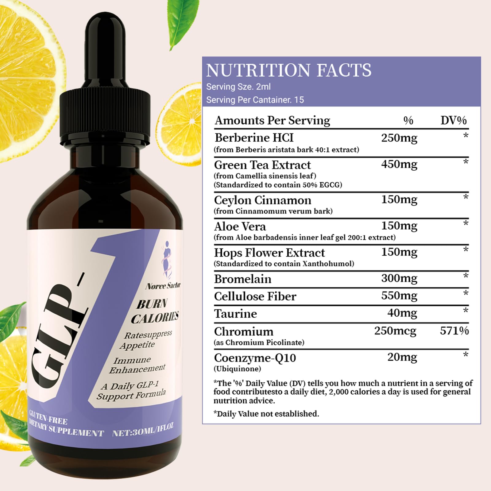 Close-up of Norce Sactor GLP-1 Drops bottle label