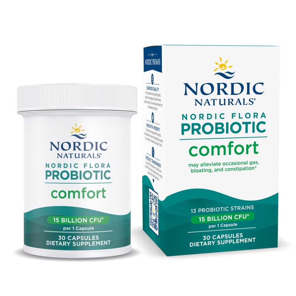 Bottle of Nordic Flora Probiotic Comfort on white background
