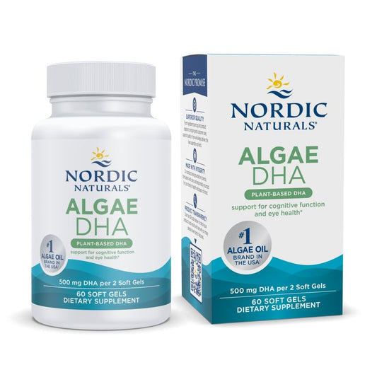 Front view of Nordic Naturals Algae DHA 60 soft gels bottle