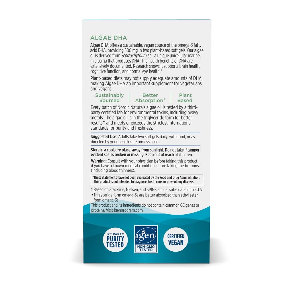 Nordic Naturals Algae DHA label front with vegan certification and gluten-free claim
