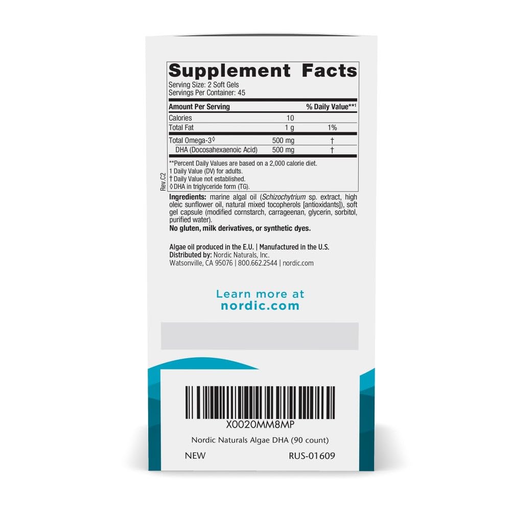 Nordic Naturals Algae DHA softgels close-up highlighting easy swallow