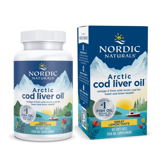 Bottle of Nordic Naturals Arctic Cod Liver Oil Lemon 90 soft gels