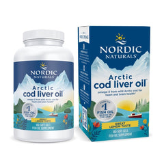 Nordic Naturals Arctic Cod Liver Oil lemon bottle front label with omega-3 content.