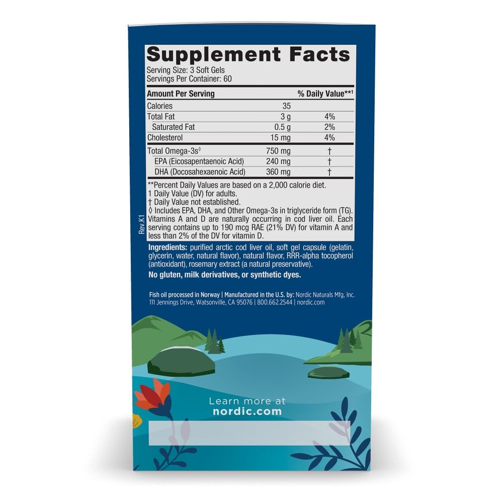 Nordic Naturals Arctic Cod Liver Oil soft gels poured for easy daily dosing.