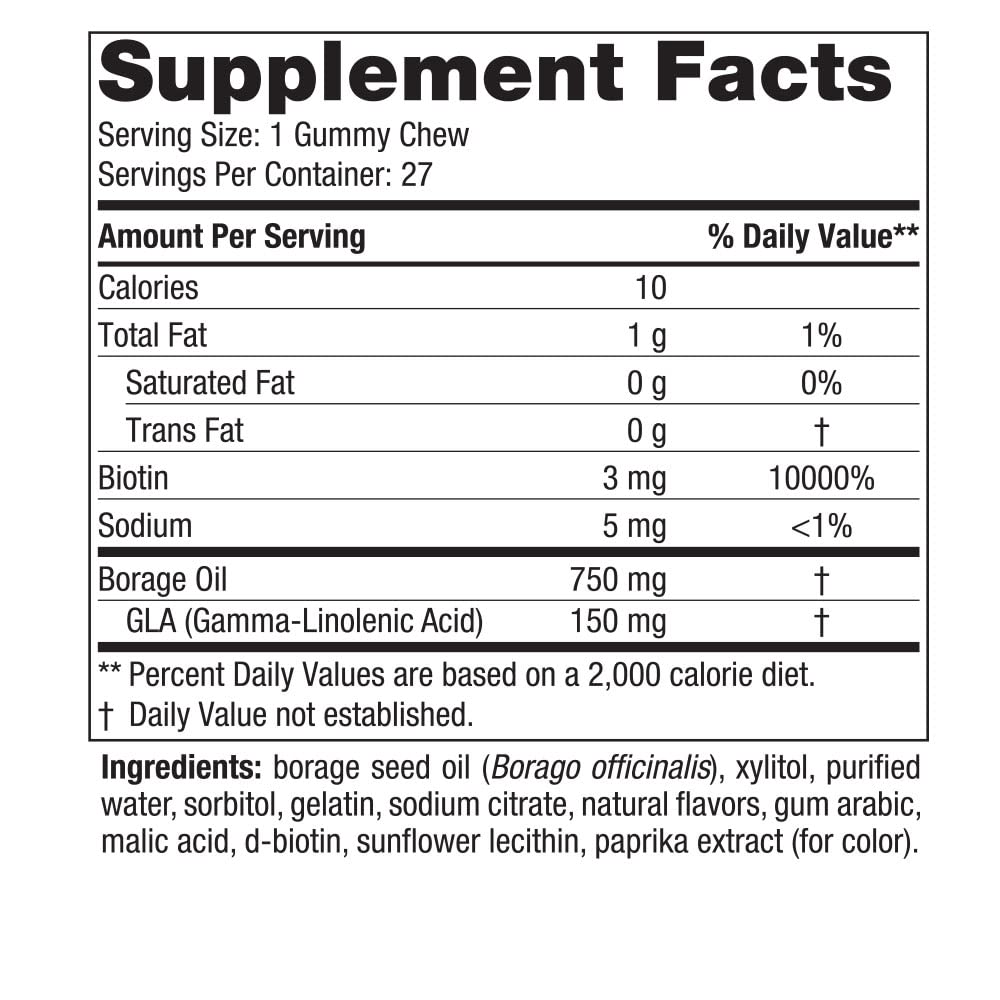 Biotin and GLA gummy chews with GLA from borage oil
