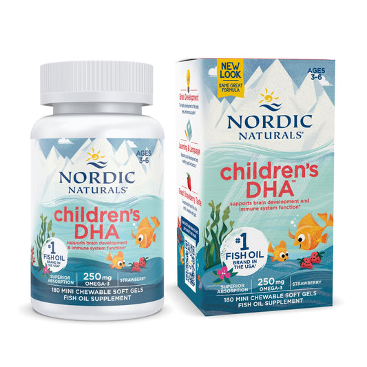 Nordic Naturals Children's DHA Strawberry bottle label with 180 mini chewables
