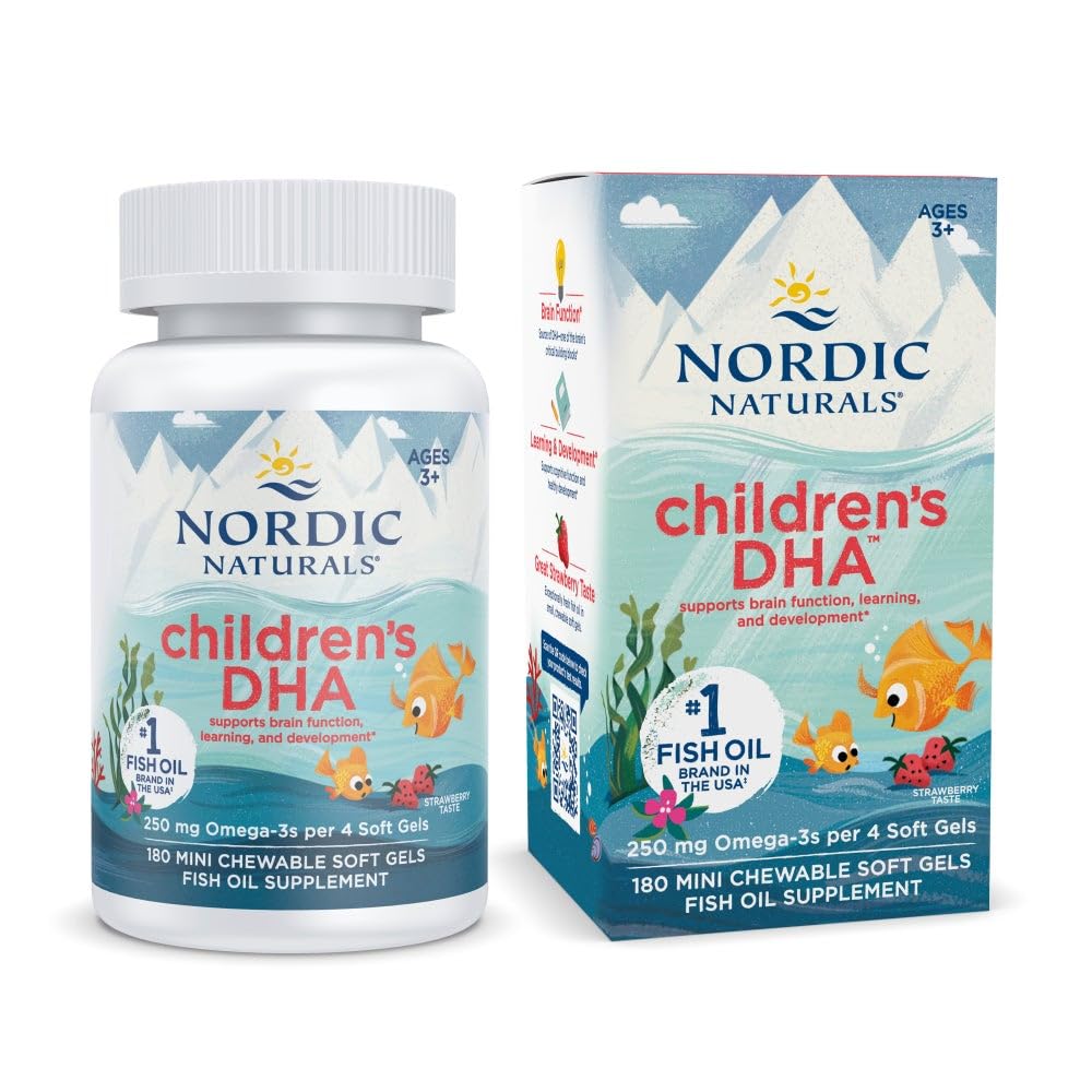 Nordic Naturals Children's DHA strawberry mini-chew bottle ready for daily omega-3 support.