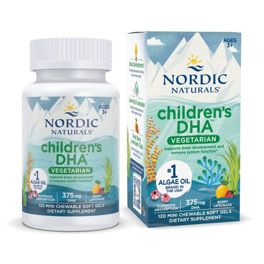 Product image: Nordic Naturals Children's DHA Vegetarian Berry Lemonade mini chewables bottle with 120 soft gels