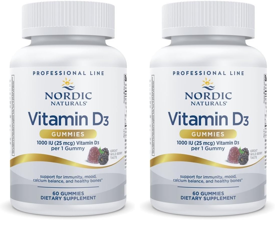Nordic Naturals Vitamin D3 Gummies Wild Berry bottle showing 60 gummies per pack, two-pack