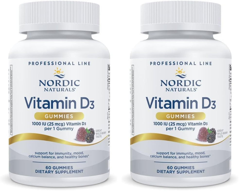 Nordic Naturals Vitamin D3 Gummies Wild Berry bottle showing 60 gummies per pack, two-pack