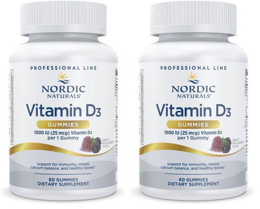 Nordic Naturals Vitamin D3 Gummies Wild Berry bottle showing 60 gummies per pack, two-pack