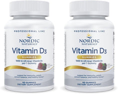 Nordic Naturals Vitamin D3 Gummies Wild Berry bottle showing 60 gummies per pack, two-pack