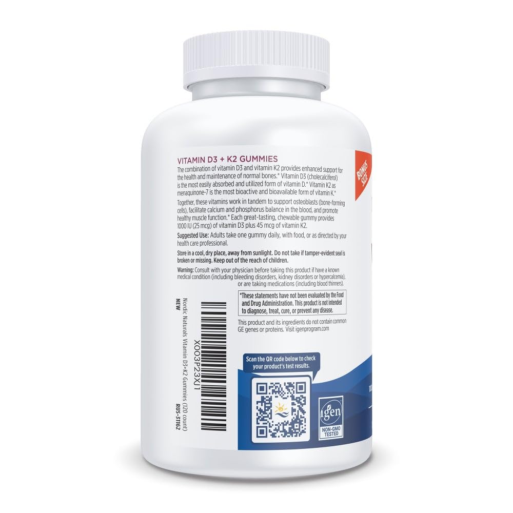 Supplement facts label for Nordic Naturals D3 + K2 gummies