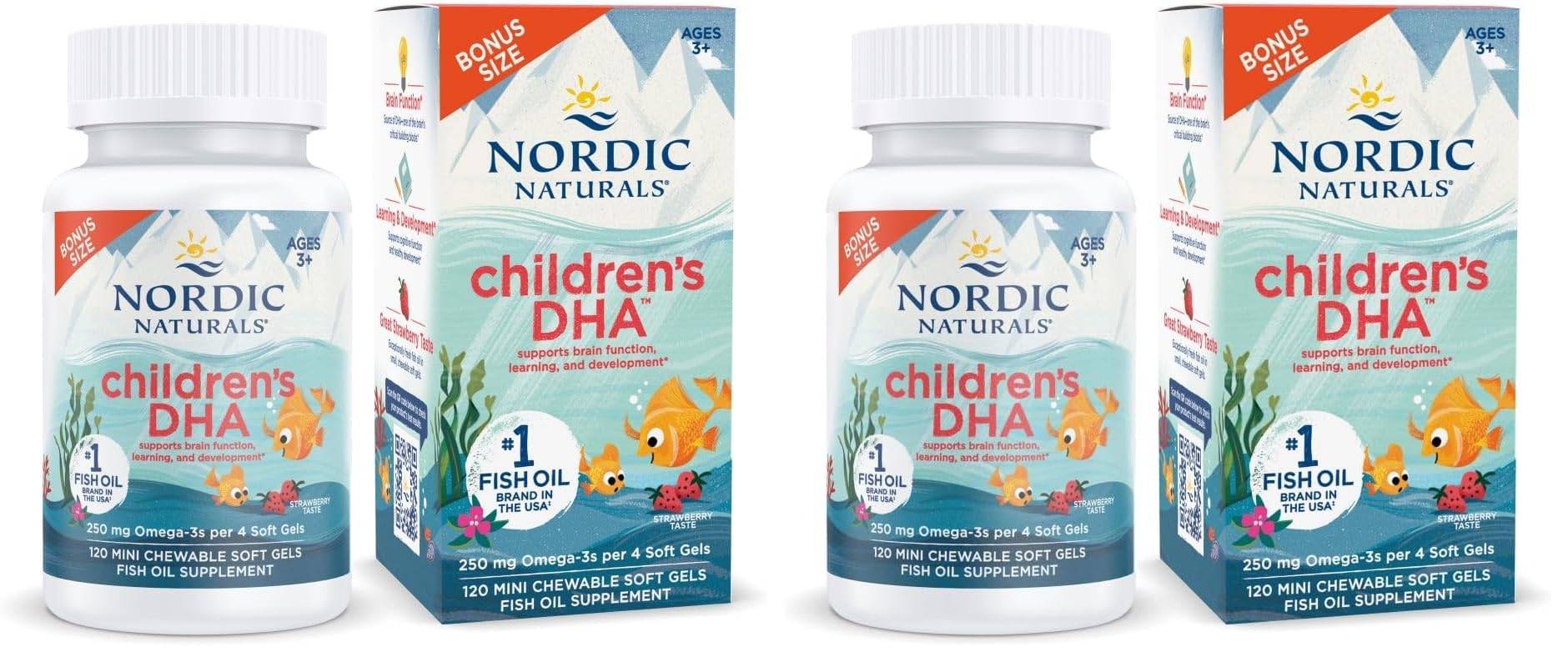 Front view of Nordic Naturals Children's DHA Strawberry bottle with 120 mini chews