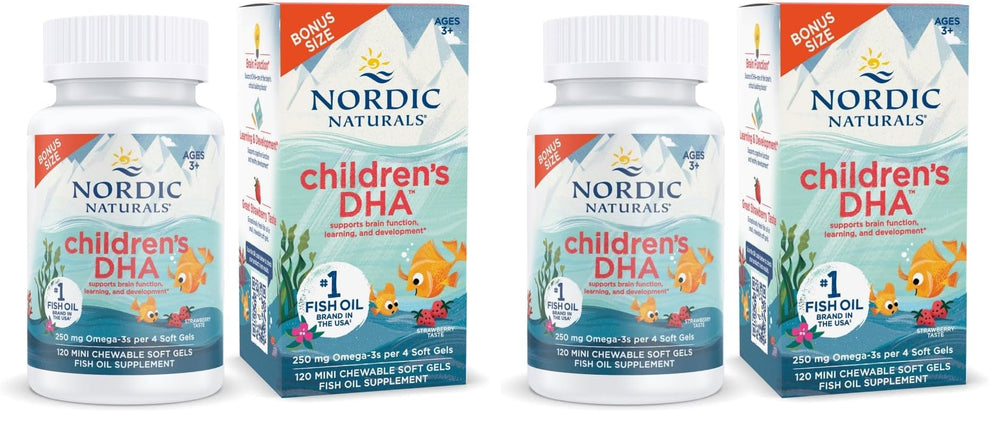 Front view of Nordic Naturals Children's DHA Strawberry bottle with 120 mini chews