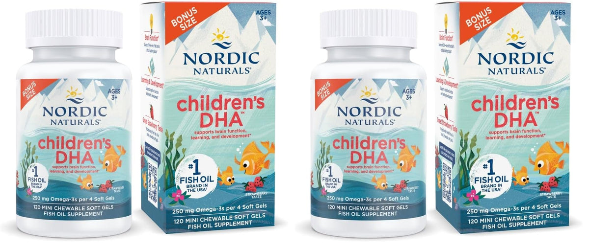 Front view of Nordic Naturals Children's DHA Strawberry bottle with 120 mini chews