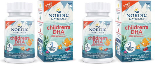 Front view of Nordic Naturals Children's DHA Strawberry bottle with 120 mini chews