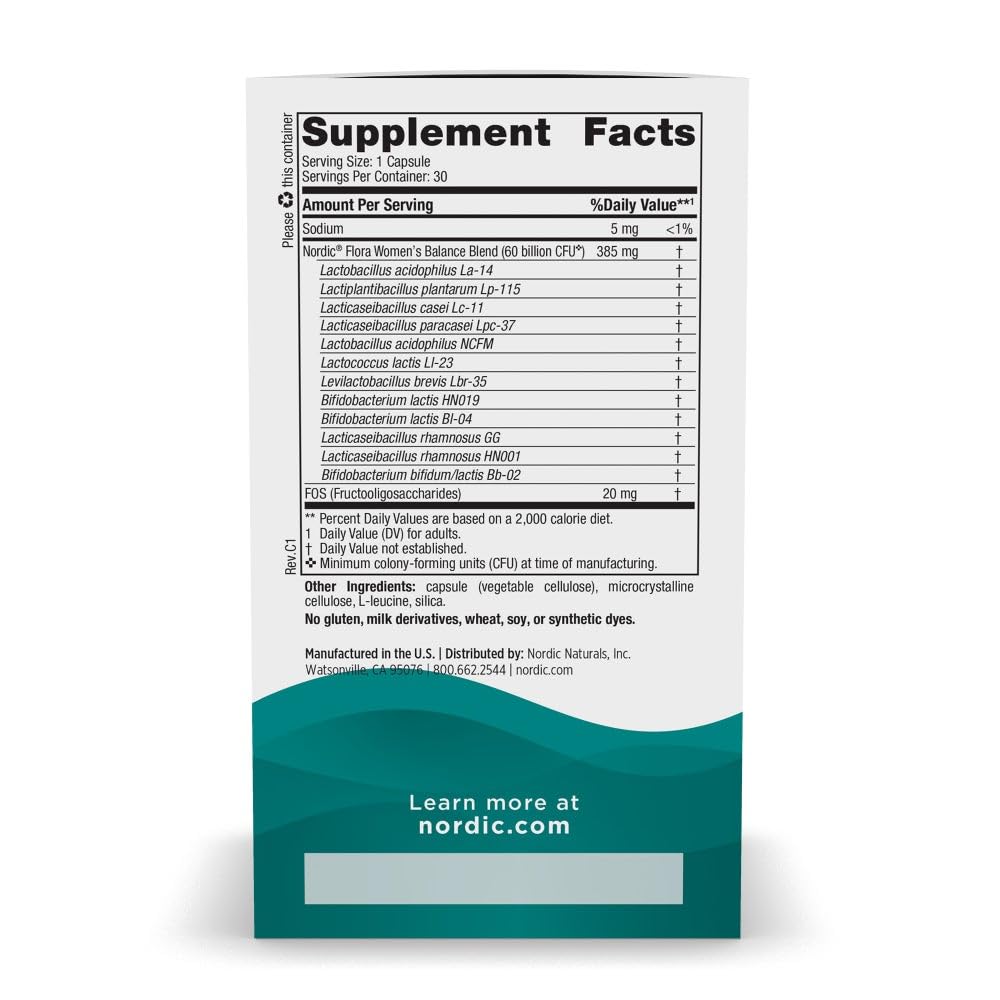 Nordic Naturals Nordic Flora Women’s Balance capsules close-up, vegan probiotic for gut balance