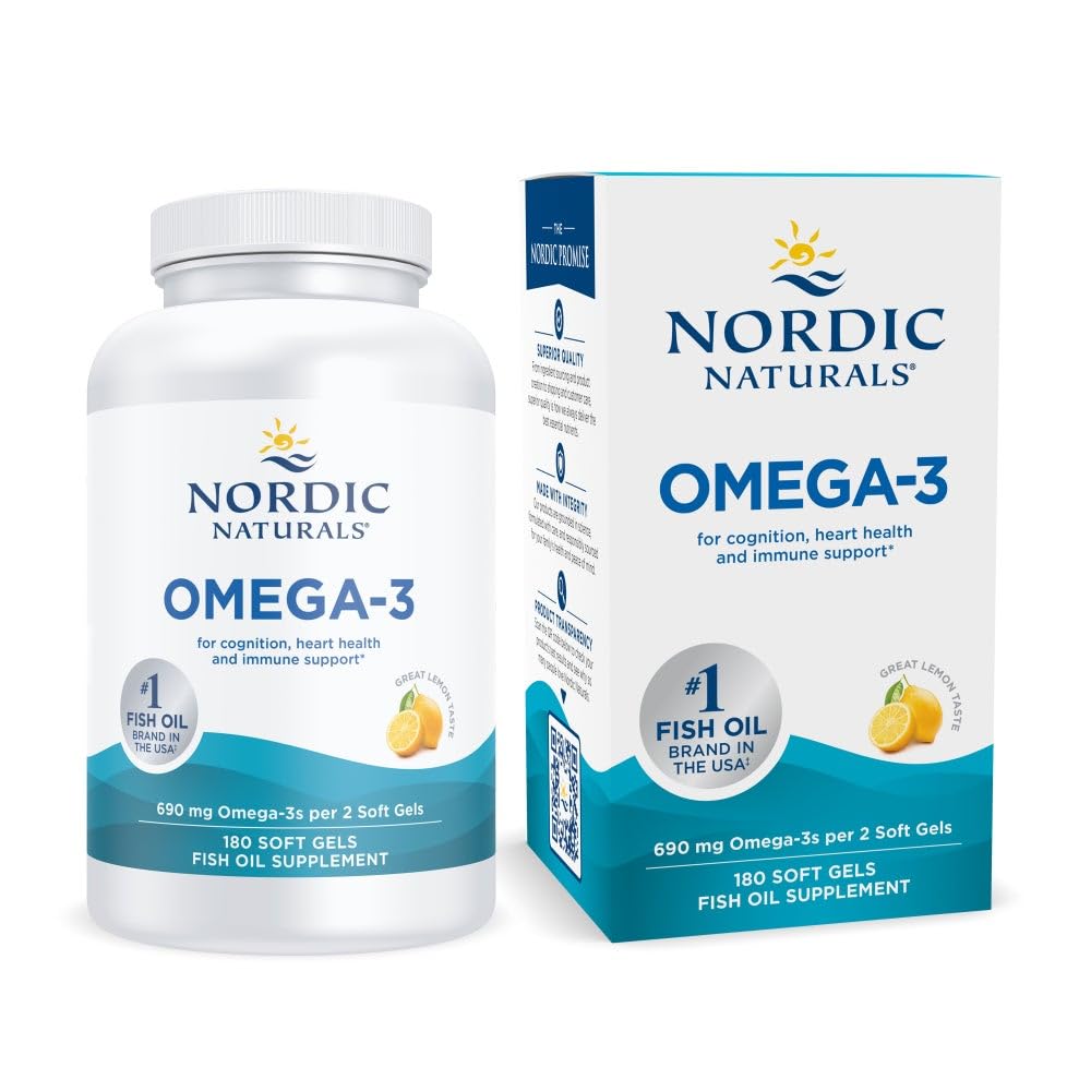 Front label of Nordic Naturals Omega-3 Lemon 180 soft gels bottle