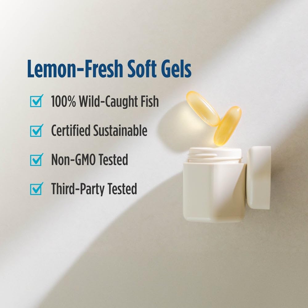 Close-up of lemon-flavored Omega-D3 soft gels