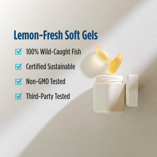 Close-up of lemon-flavored Omega-D3 soft gels