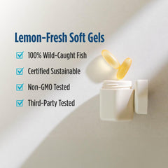 Close-up of lemon-flavored Omega-D3 soft gels