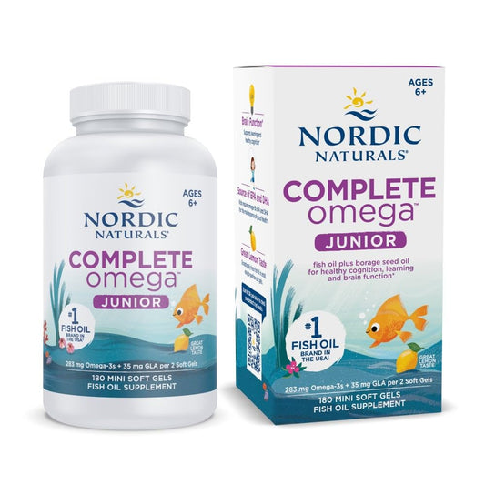 Bottle of Nordic Naturals Complete Omega Jr Lemon with 180 mini soft gels