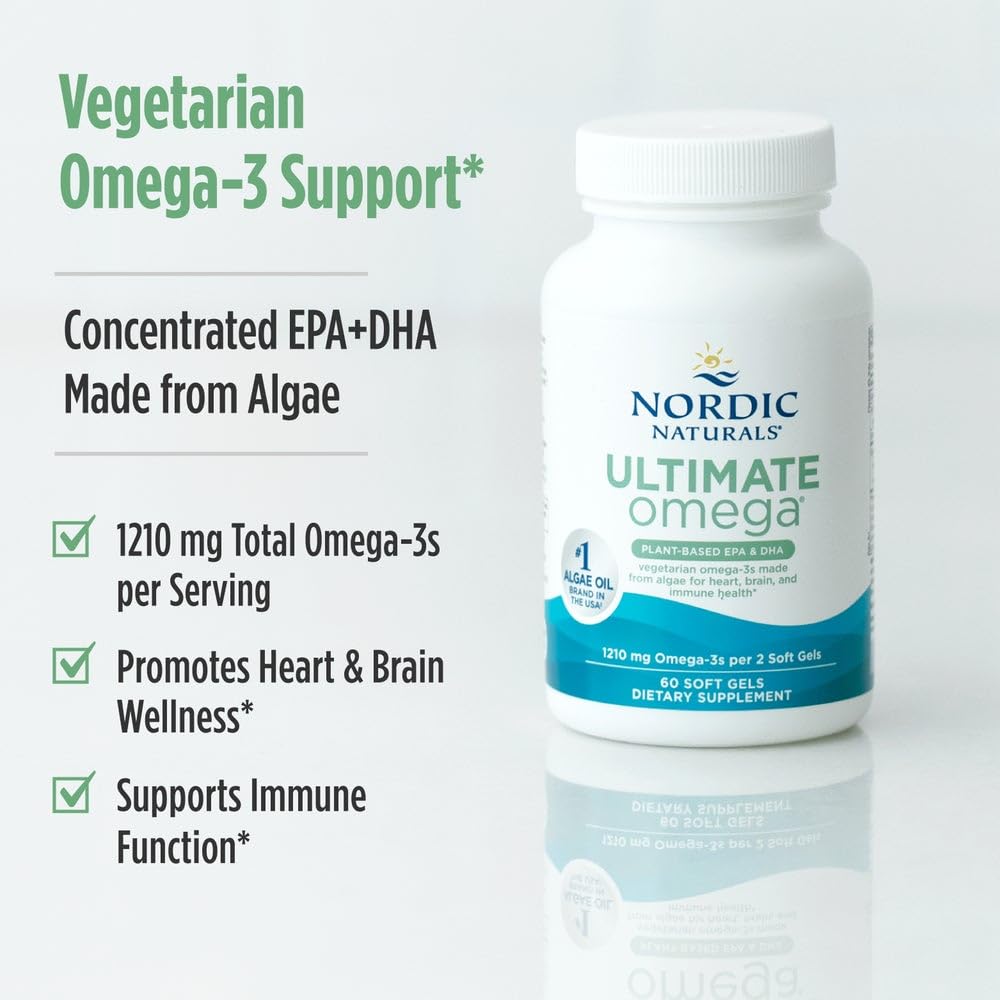 Nordic Naturals Plant-Based Omega lemon flavor softgels beside a meal for easy daily use