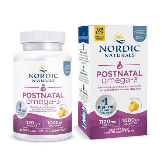 Nordic Naturals Postnatal Omega-3 Lemon bottle with 60 soft gels
