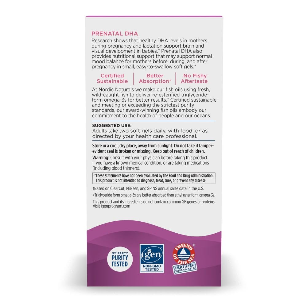 Close-up of Nordic Naturals Prenatal DHA soft gels showing unflavored formula