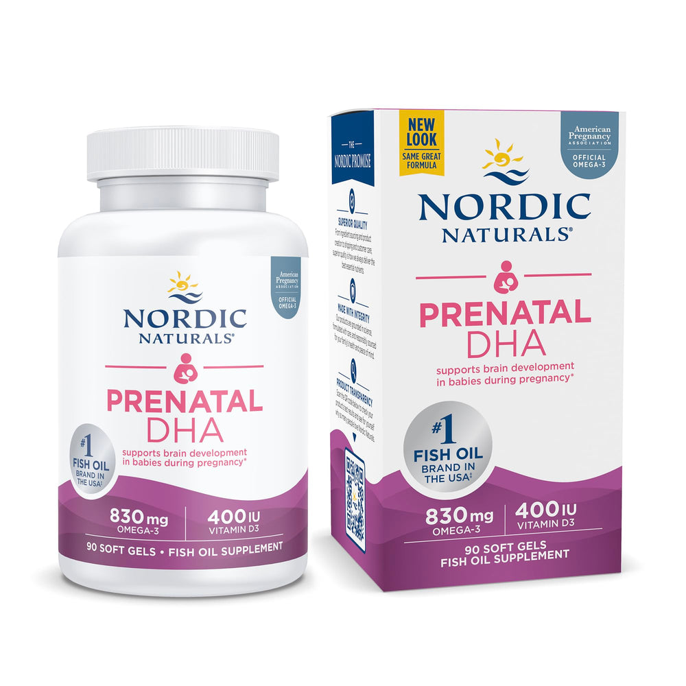Close-up of Nordic Naturals Pro Prenatal DHA unflavored 90 soft gels label