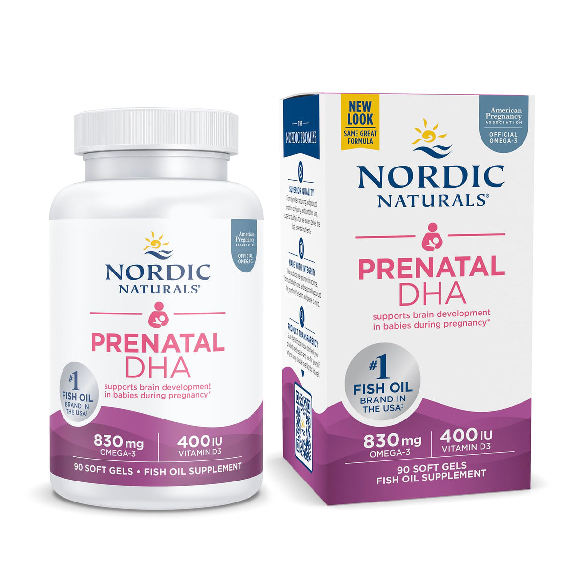 Close-up of Nordic Naturals Pro Prenatal DHA unflavored 90 soft gels label