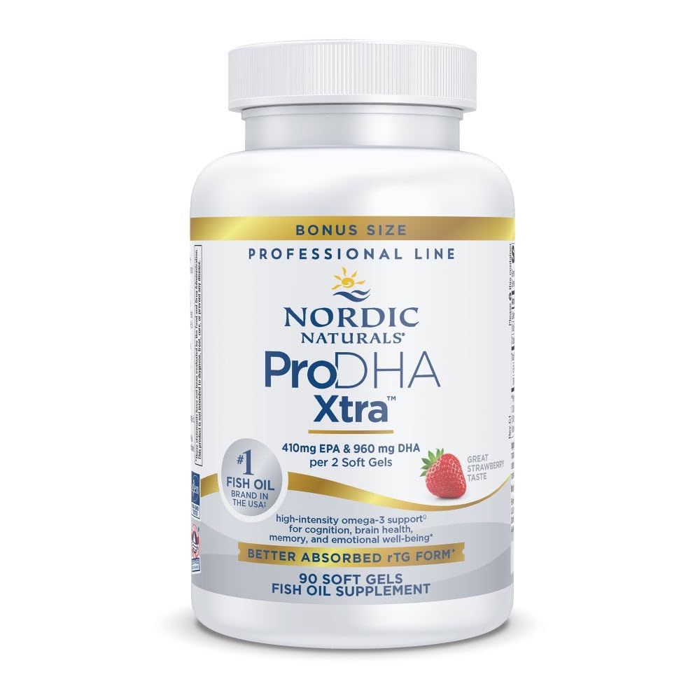 Nordic Naturals ProDHA Xtra strawberry bottle on kitchen counter for daily routine