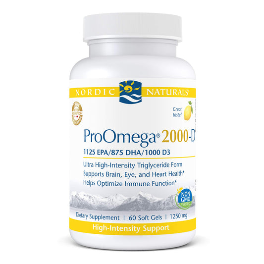 Nordic Naturals ProOmega 2000-D lemon-flavored bottle and soft gels