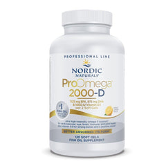 Nordic Naturals ProOmega 2000-D lemon bottle highlights high-potency omega-3s with vitamin D3 for immune support.