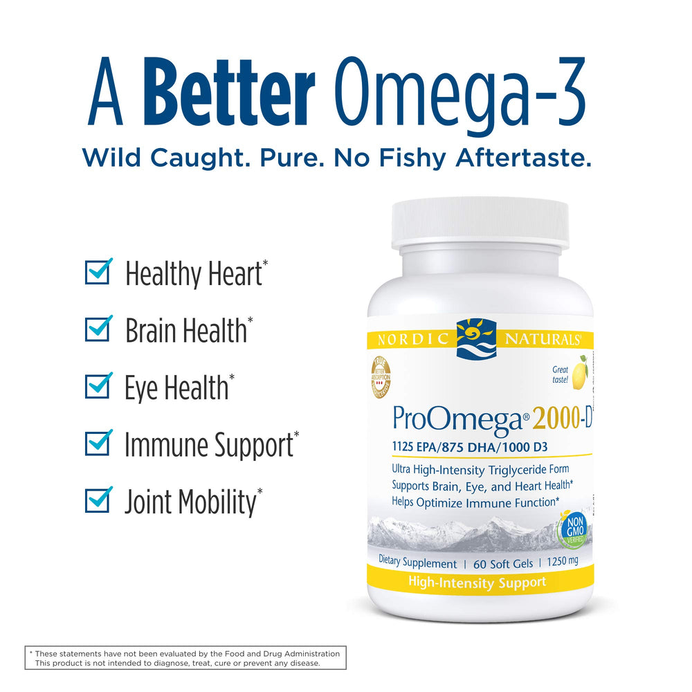 ProOmega 2000-D soft gels close-up emphasizing lemon flavor and absorption-friendly format.