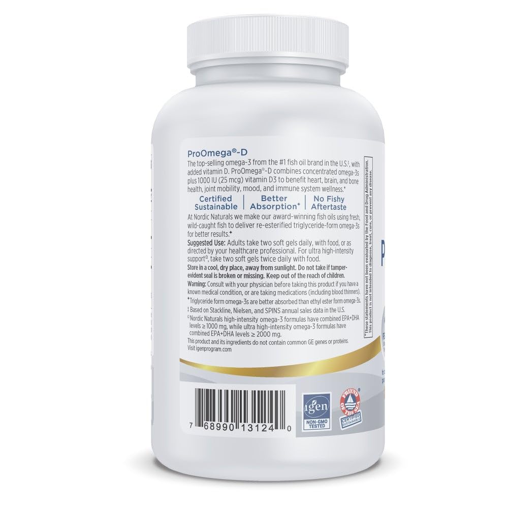 Nordic Naturals ProOmega-D label highlights non-GMO and gluten-free formula.