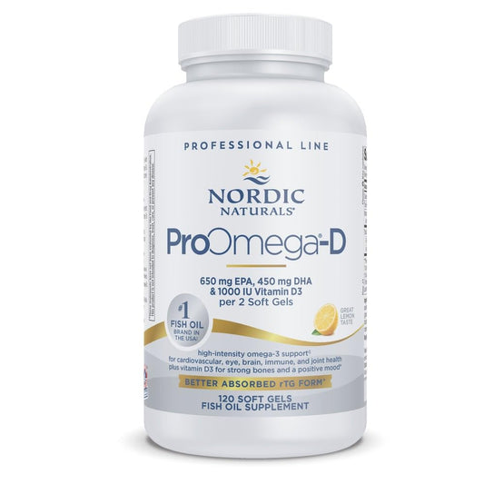 Front view of Nordic Naturals ProOmega-D Lemon Flavor bottle with 120 soft gels