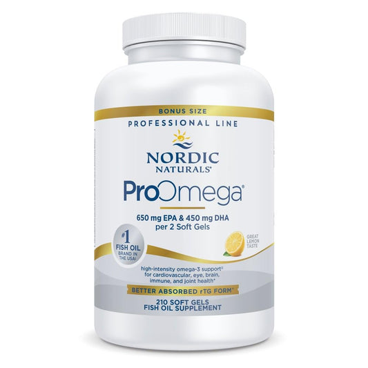 Bottle of Nordic Naturals ProOmega Lemon Flavor 210 soft gels, 1000 mg omega-3