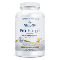 Nordic Naturals ProOmega lemon bottle front shows high-potency omega-3 for heart and brain support.