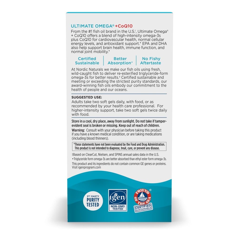 Front view of Nordic Naturals Ultimate Omega + CoQ10 lemon bottle showing label and identity