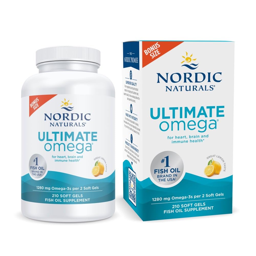 Nordic Naturals Ultimate Omega Lemon bottle front supports heart and brain health with omega-3 potency.