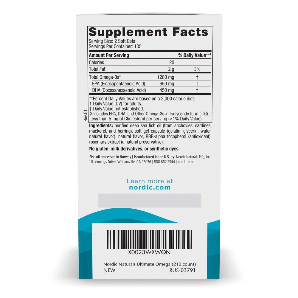 Nordic Naturals Ultimate Omega Lemon bottle label highlights non-GMO purity and gluten-free ingredients.