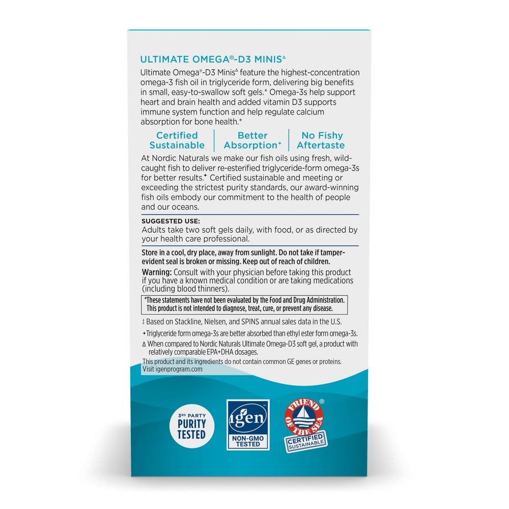 Nutrition facts showing 1120 mg Omega-3 and 1000 IU Vitamin D3 per serving