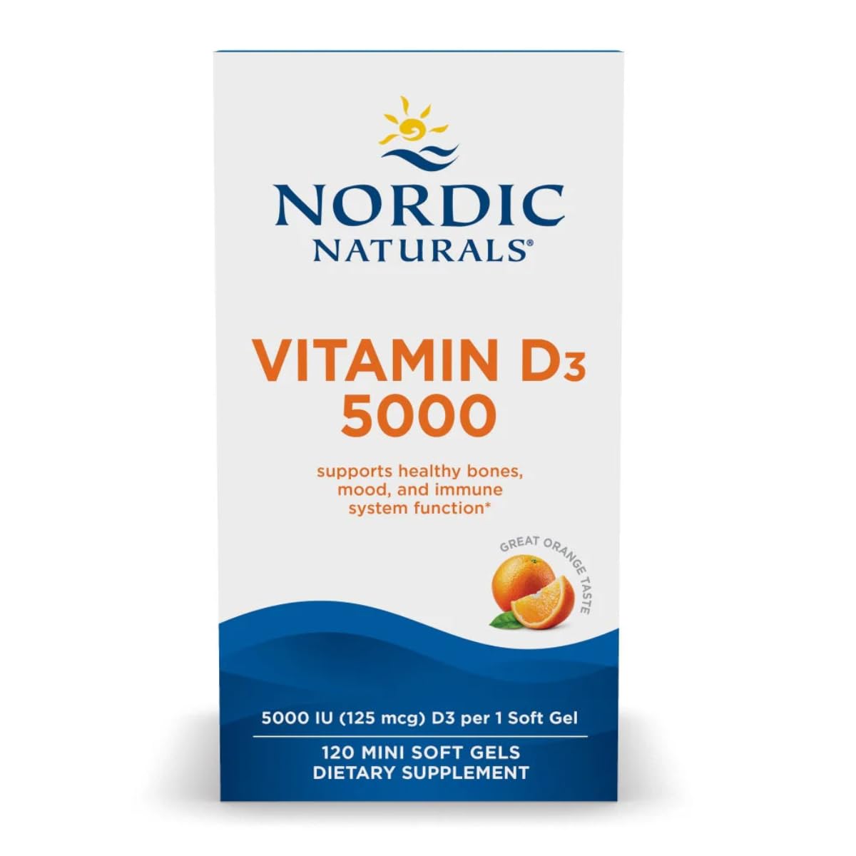 Bottle of Nordic Naturals Vitamin D3 5000 IU Orange Mini Soft Gels