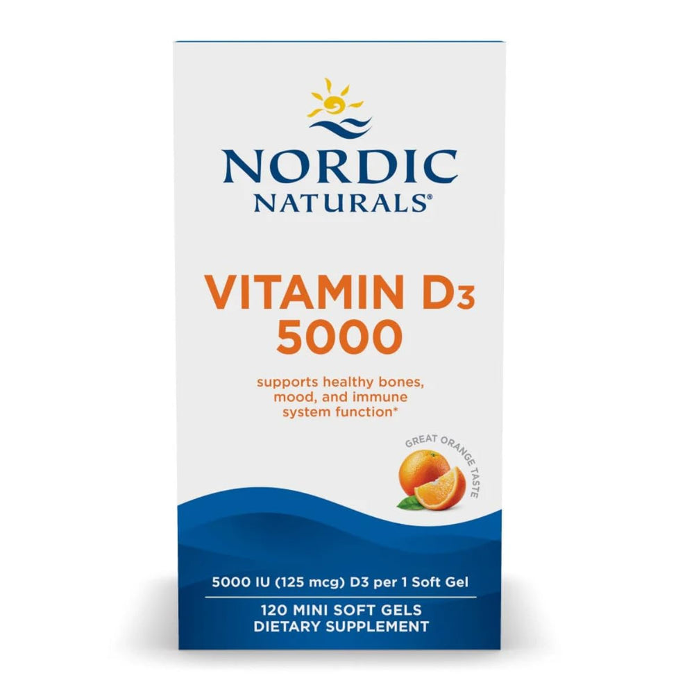 Bottle of Nordic Naturals Vitamin D3 5000 IU Orange Mini Soft Gels